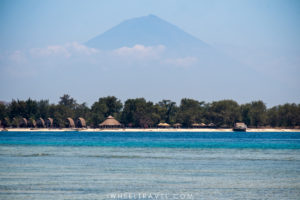 Dreaming view on the Agung volcano on Bali from a beach in the north of Gili Air.